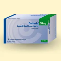 Opakowanie leku Dulsevia 60 mg, zawierające 28 kapsułek dojelitowych twardych. Stosowany w leczeniu depresji i neuropatii.