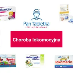Zdjęcie przedstawia opakowania leków i suplementów diety na chorobę lokomocyjną, m.in. Lokomotiv, Anaketon, Spoko Loko, Aviomarin, Lokomarin, Sea-Band.