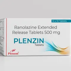 Pudełko leku Plenzin z ranolazyną 500 mg, 10x10 tabletek.