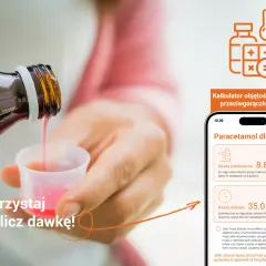Syrop dla dzieci wylewany do miarki. Aplikacja "Pan Tabletka" pomaga obliczyć dawkę, np. ibuprofen dla dzieci.