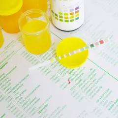 Żółte pojemniki na mocz, kubek z żółtym moczem i pasek testowy na papierze laboratoryjnym.
