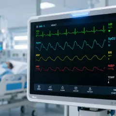Monitor EKG serca pokazuje parametry życiowe pacjenta: tętno 78, saturację 98%, oddech 16, ciśnienie 120/80 i temperaturę 36.7°C.