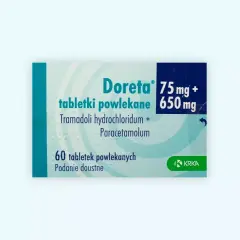 Opakowanie leku Doreta 75 mg + 650 mg, zawierające 60 tabletek powlekanych z tramadolem i paracetamolem. Idealne na palgotal.