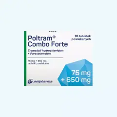 Opakowanie leku Poltram Combo Forte, zawierające 90 tabletek powlekanych tramadolu i paracetamolu.
