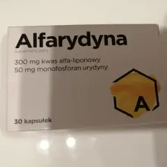 Opakowanie suplementu diety Alfarydyna zawiera 30 kapsułek z kwasem alfa-liponowym i monofosforanem urydyny.