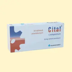 Opakowanie leku Cital, zawierające 30 tabletek powlekanych citalopramu 20 mg.