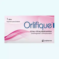 Opakowanie leku Orlifique, zawierające 1 blister z 28 tabletkami powlekanymi.