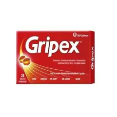 Opakowanie leku Gripex na przeziębienie i grypę, z widocznymi tabletkami i objawami choroby.