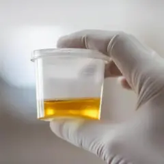 Dłoń w białej rękawiczce trzyma pojemnik z żółtym płynem.