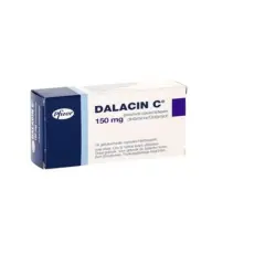 Opakowanie leku Dalacin C 150 mg, zawierające 16 kapsułek. Producent Pfizer.