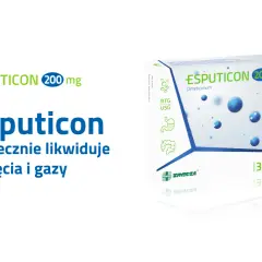 Opakowanie leku Esputicon 200 mg na wzdęcia i gazy, z grafiką układu pokarmowego.