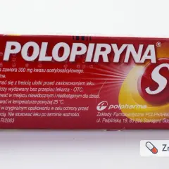 Opakowanie leku Polopiryna S, zawierającego 300 mg kwasu acetylosalicylowego. Produkt leczniczy OTC.