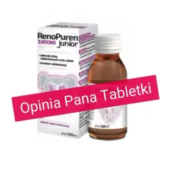 RenoPuren Zatoki Junior - płyn na zatoki dla dzieci. Opakowanie i butelka z płynem.