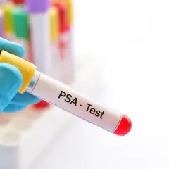 Ręka w niebieskiej rękawiczce trzyma probówkę z napisem "PSA - Test". To ważny krok w diagnostyce, nawet dla zdrowia psa.