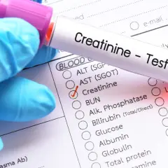 Rękawiczka w niebieskiej rękawiczce trzyma probówkę z napisem "Creatinine - Test". Zaznaczono opcję "Creatinine", sugerując niską kreatyninę.