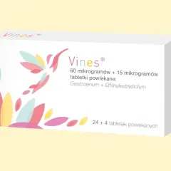 Opakowanie leku Vines z kolorowym motywem przypominającym pnącza. Zawiera 24+4 tabletki.