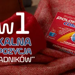 Opakowanie Polopiryna Complex na czerwonym tle. Hasło "3w1 UNIKALNA KOMPOZYCJA 3 SKŁADNIKÓW" podkreśla jego działanie.