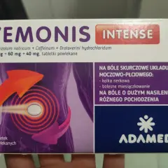 Opakowanie leku Vemonis Intense z grafiką symbolizującą ból i ulgę.