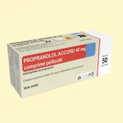 Opakowanie leku Propranolol Accord 40 mg, zawierające 50 tabletek. Stosowany w leczeniu nadciśnienia i innych schorzeń.