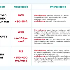 Tabela interpretacji morfologii krwi: objętość krwinek czerwonych (MCV), leukocyty (WBC) i płytki krwi (PLT) z podanymi normami i przyczynami odchyleń.