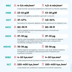 Tabela z wynikami morfologii krwi: RBC, HGB, HCT, MCV, MCH, MCHC, WBC, PLT. Podane są normy dla każdego parametru.