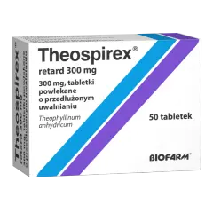 Opakowanie leku Theospirex retard 300 mg, 50 tabletek powlekanych o przedłużonym uwalnianiu.