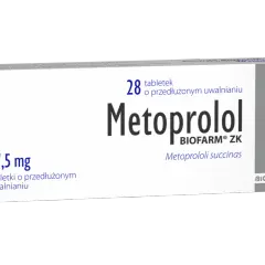 Opakowanie leku Metoprolol 47,5 mg, zawierające 28 tabletek o przedłużonym uwalnianiu.