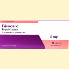 Opakowanie leku Bisocard, zawierające 30 tabletek powlekanych 5 mg bisoprololu fumaranu.