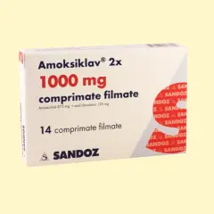 Opakowanie leku Amoksiklav 1000 mg, zawierające 14 tabletek powlekanych. Amoksiklav 875 mg + kwas klawulanowy 125 mg.