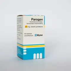 Opakowanie leku Parogen, zawierające 60 tabletek powlekanych paroksetyny 20 mg.