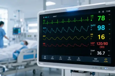 Monitor EKG serca pokazuje parametry życiowe pacjenta: tętno 78, saturację 98%, oddech 16, ciśnienie 120/80 i temperaturę 36.7°C.