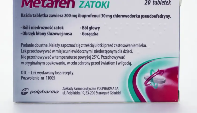 Metafen Zatoki, lek na ból i niedrożność zatok, ból głowy i gorączkę. Opakowanie 20 tabletek.