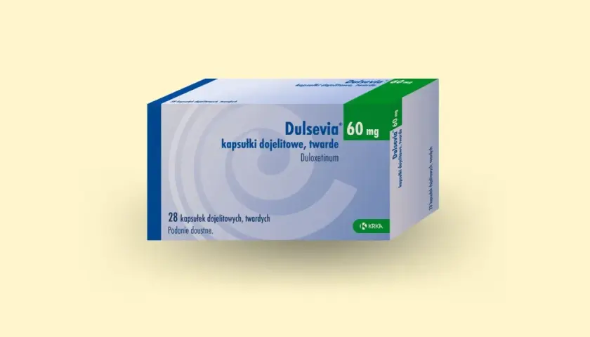 Opakowanie leku Dulsevia 60 mg, zawierające 28 kapsułek dojelitowych twardych. Stosowany w leczeniu depresji i neuropatii.
