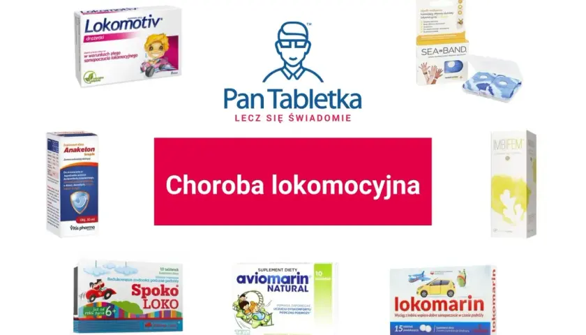 Zdjęcie przedstawia opakowania leków i suplementów diety na chorobę lokomocyjną, m.in. Lokomotiv, Anaketon, Spoko Loko, Aviomarin, Lokomarin, Sea-Band.