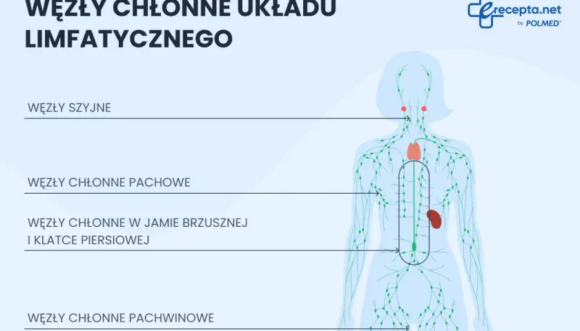 Schemat pokazuje, gdzie są węzły chłonne: szyjne, pachowe, w jamie brzusznej i klatce piersiowej, pachwinowe.