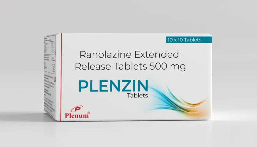 Pudełko leku Plenzin z ranolazyną 500 mg, 10x10 tabletek.