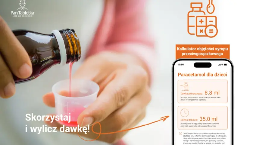 Syrop dla dzieci wylewany do miarki. Aplikacja "Pan Tabletka" pomaga obliczyć dawkę, np. ibuprofen dla dzieci.