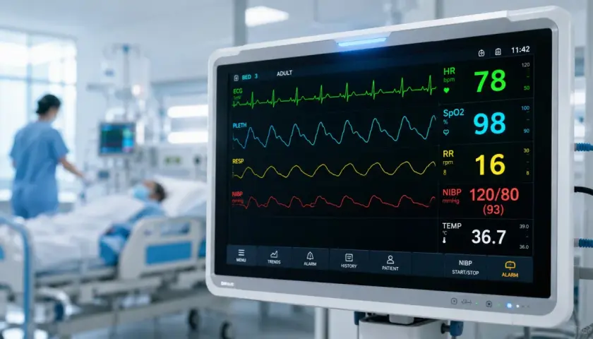 Monitor EKG serca pokazuje parametry życiowe pacjenta: tętno 78, saturację 98%, oddech 16, ciśnienie 120/80 i temperaturę 36.7°C.