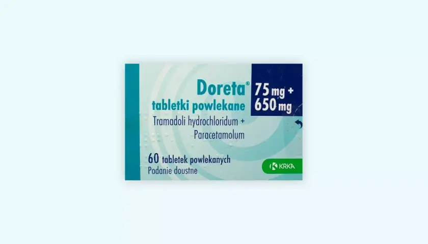 Opakowanie leku Doreta 75 mg + 650 mg, zawierające 60 tabletek powlekanych z tramadolem i paracetamolem. Idealne na palgotal.