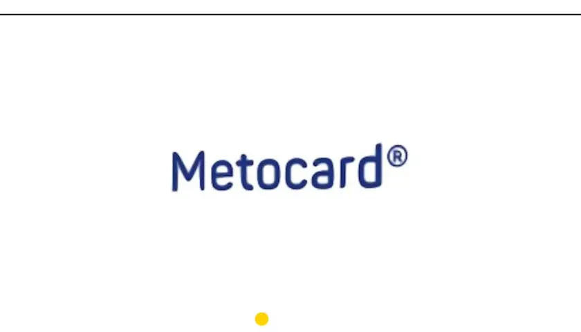 Niebieski napis Metocard® na białym tle.