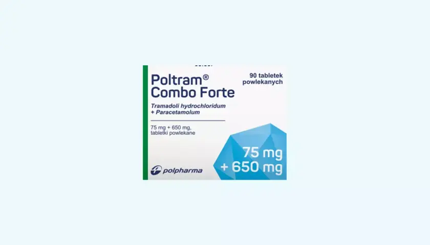 Opakowanie leku Poltram Combo Forte, zawierające 90 tabletek powlekanych tramadolu i paracetamolu.