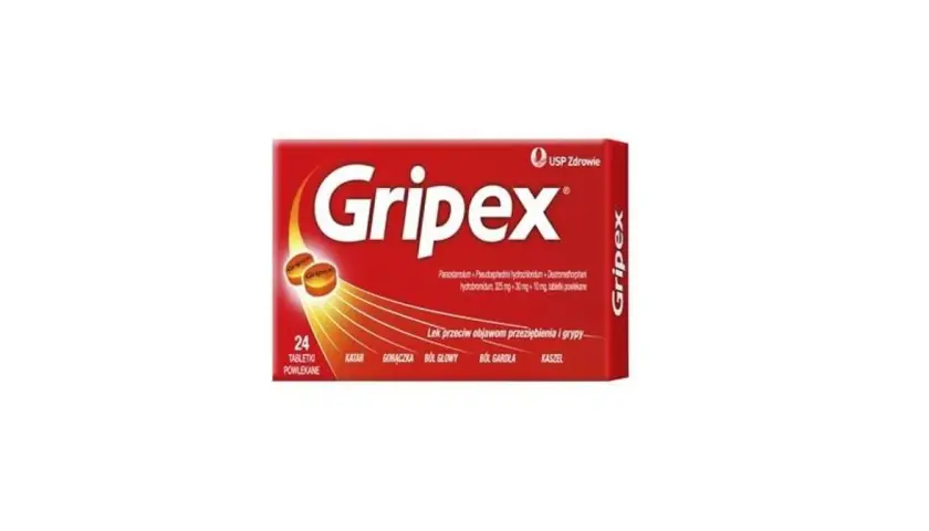 Opakowanie leku Gripex na przeziębienie i grypę, z widocznymi tabletkami i objawami choroby.