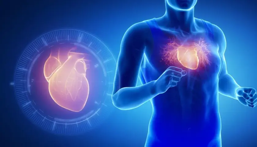 Anatomia serca w technologii, z widocznym organem w klatce piersiowej i na ekranie, sugeruje monitorowanie stanu zdrowia, jak w przypadku Suvardio Plus.