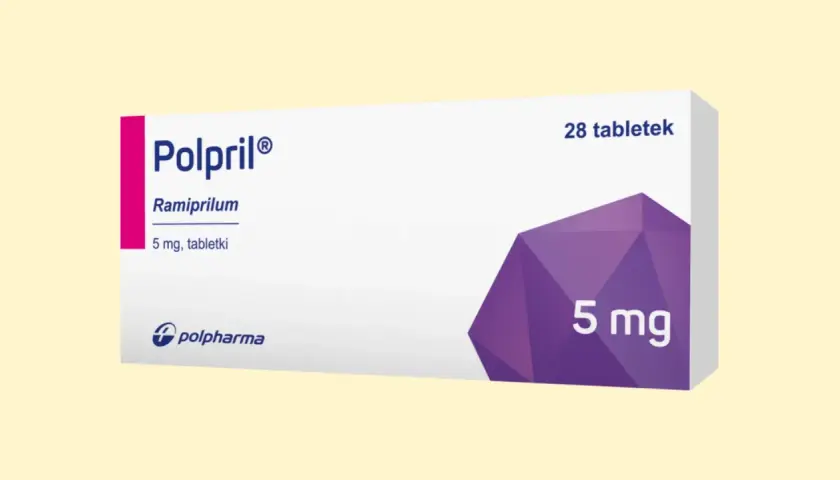 Opakowanie leku Polpril 5 mg, zawierające 28 tabletek Ramiprilum.