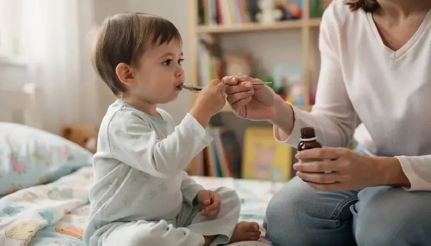 Mama podaje dziecku syrop na łyżeczce. Maluch dzielnie przyjmuje lek, być może to Tussipect na kaszel.