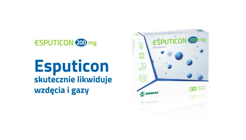 Opakowanie leku Esputicon 200 mg na wzdęcia i gazy, z grafiką układu pokarmowego.