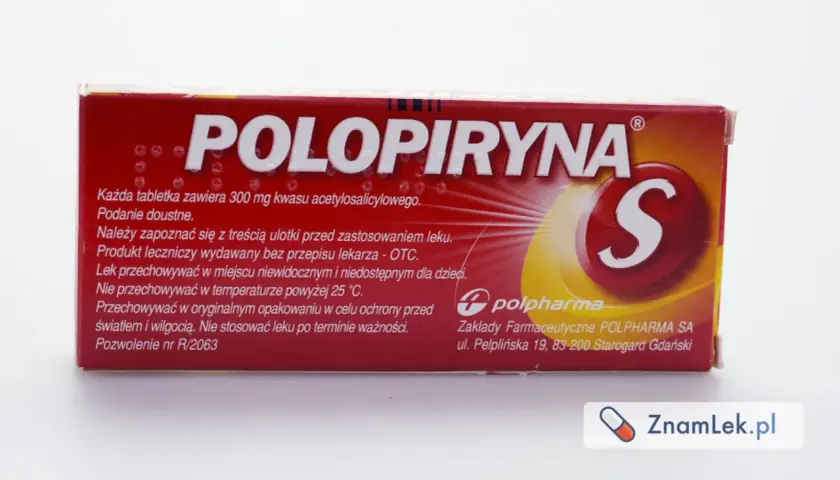 Opakowanie leku Polopiryna S, zawierającego 300 mg kwasu acetylosalicylowego. Produkt leczniczy OTC.