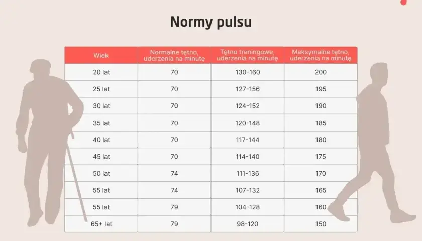 Tabela norm pulsu dla różnych grup wiekowych. Pokazuje tętno spoczynkowe, treningowe i maksymalne.