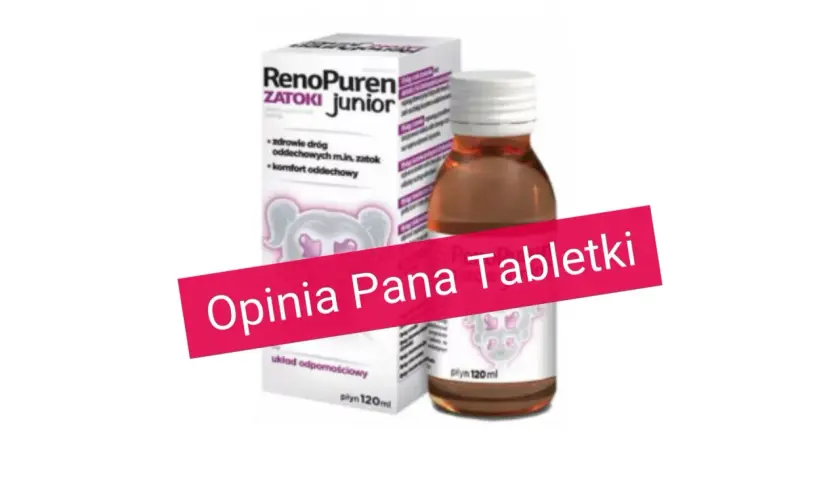 RenoPuren Zatoki Junior - płyn na zatoki dla dzieci. Opakowanie i butelka z płynem.