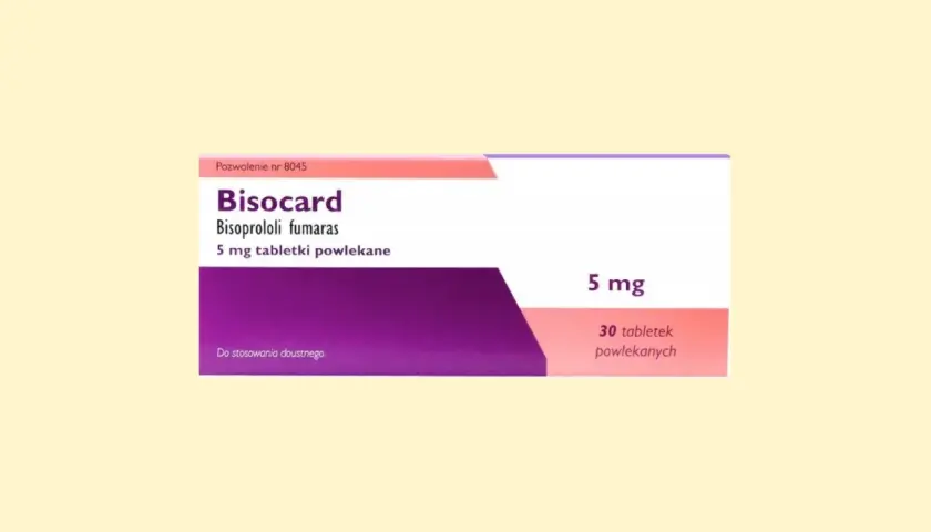 Opakowanie leku Bisocard, zawierające 30 tabletek powlekanych 5 mg bisoprololu fumaranu.